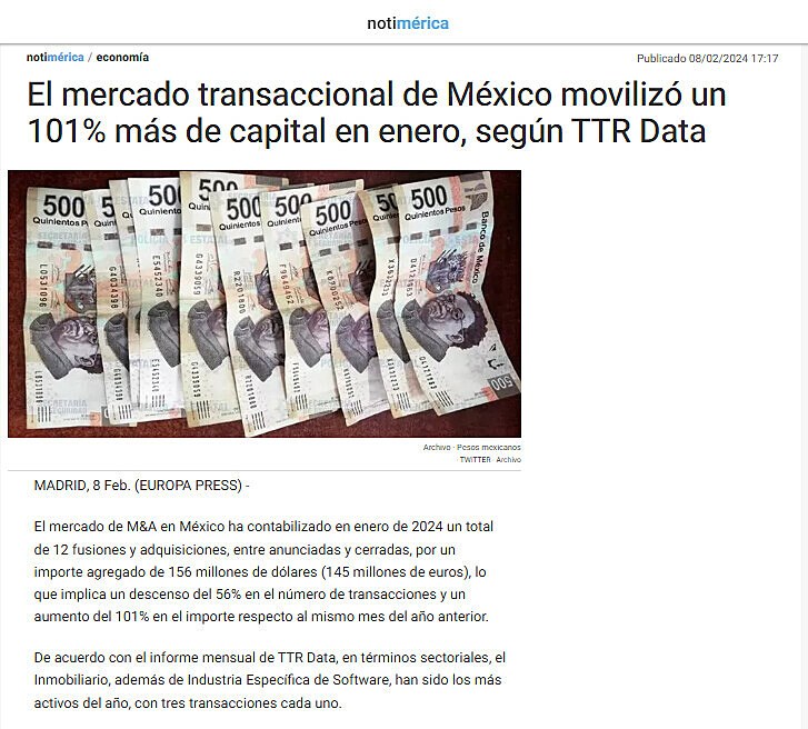 El mercado transaccional de Mxico moviliz un 101% ms de capital en enero, segn TTR Data